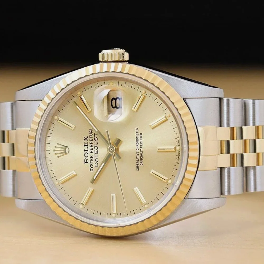 ROLEX MENS DATEJUST 18K GOLD STAINLESS STEEL CHAMPAGNE DIAL TWO TONE WATCH